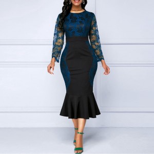 Hollow Stitched Lace Ruffled High Waist Party Dress - Blue
