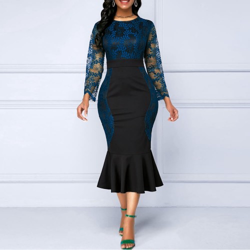 Hollow Stitched Lace Ruffled High Waist Party Dress - Blue image
