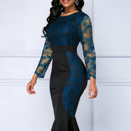 Hollow Stitched Lace Ruffled High Waist Party Dress - Blue image