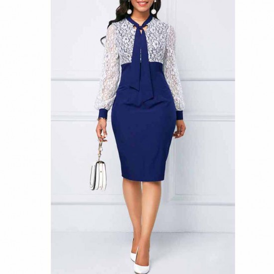 Contrast Color Tie Neck Lace Stitching Pencil Maxi Dress - Blue image