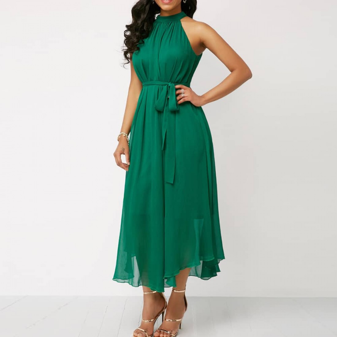 Buy Chiffon Pleated Halter Neck Sleeveless Maxi Dress Green