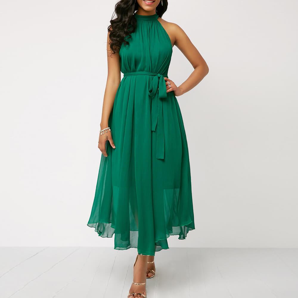 Buy Chiffon Pleated Halter Neck Sleeveless Maxi Dress - Green ...