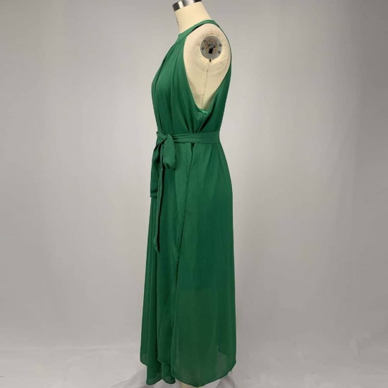 Chiffon Pleated Halter Neck Sleeveless Maxi Dress - Green image