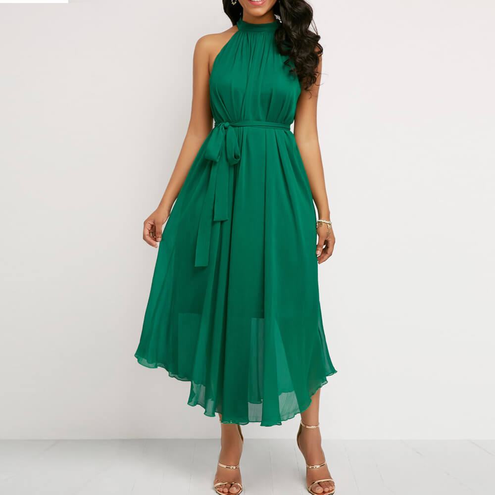 Alvast schandaal Scheiding Buy Chiffon Pleated Halter Neck Sleeveless Maxi Dress - Green |  DressFair.com