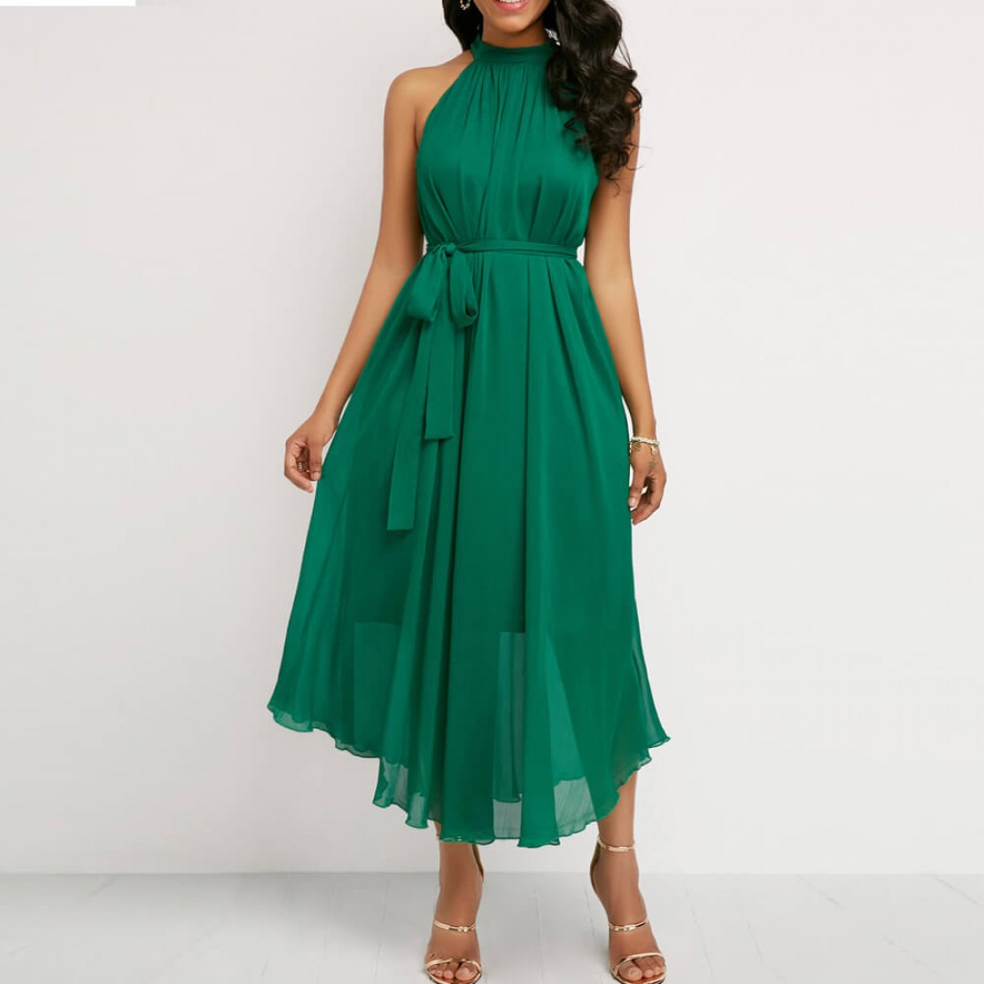 Buy Chiffon Pleated Halter Neck Sleeveless Maxi Dress - Green ...