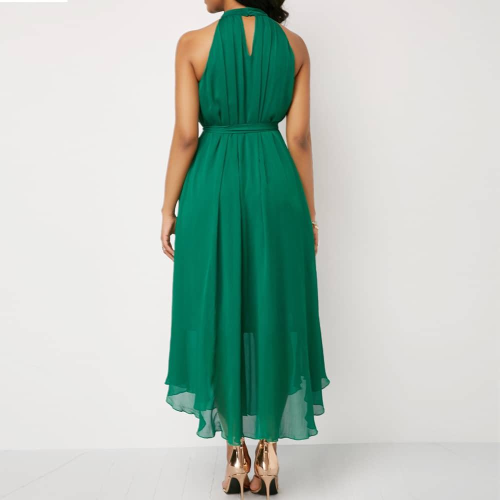 Buy Chiffon Pleated Halter Neck Sleeveless Maxi Dress - Green ...