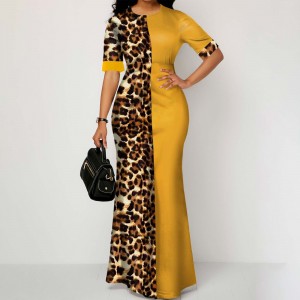 Leopard Pattern Round Neck Stitching Maxi Dress - Orange
