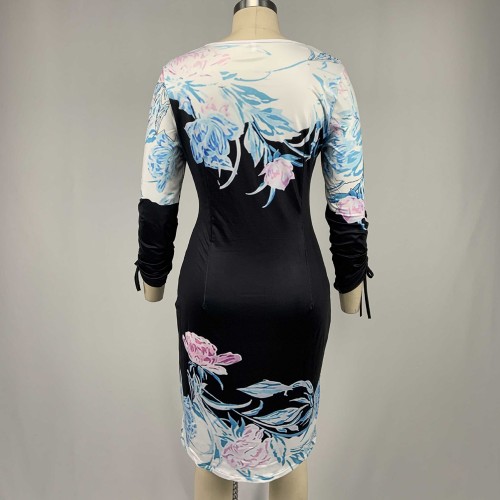 Plaid Floral Printed Half Sleeve Body-con Pencil Casual Dress -Black image
