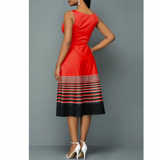 Ruffle Overlay Stripped Borders Printed Sleeveless Midi Dress - Red image