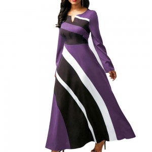 V-neck Geometric Stripe Print Stitching Maxi Dress - Purple