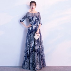 Elegant Sequined Embroidery Evening Long Party Dress - Blue