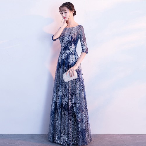 Elegant Sequined Embroidery Evening Long Party Dress - Blue | image