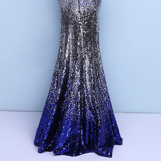 Latest Fishtail Sequined Gold Contrast Evening Party Dress - Blue image