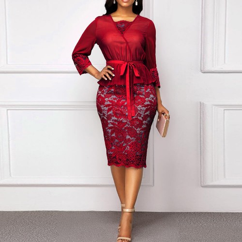 Hollow Lace Stitched Pencil Skirt V-Neck Party Dress - Red | image