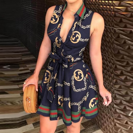 Stylish Hot V-neck Sleeveless Printed Mini Skirt Dress - Blue image