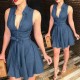 Fashionable V-neck Sleeveless Mini-Skirt Dress - Blue image