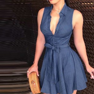 Fashionable V-neck Sleeveless Mini-Skirt Dress - Blue