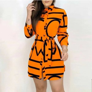 Trendy Striped Printed Full Sleeves Mini Skirt Casual Dress - Orange