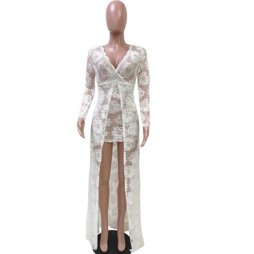 Hot Lace Hollow Floral Designed Long Party Dress - White image