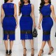 Hollow Lace Stitched Tight Fitting Sleeveless Pencil Dress - Blue image
