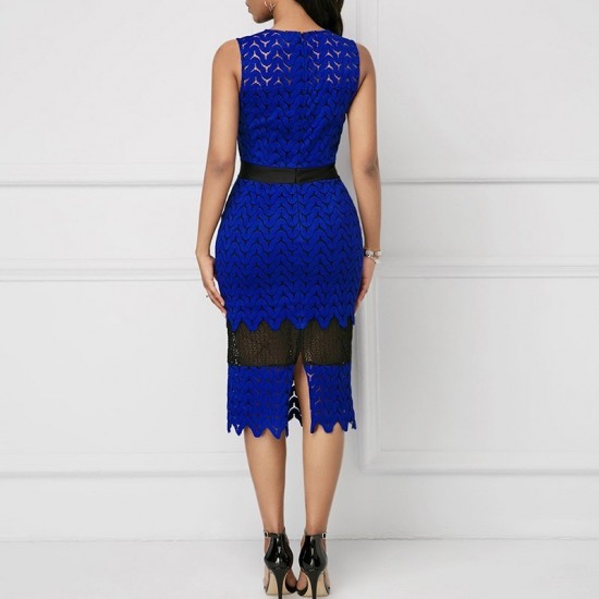 Hollow Lace Stitched Tight Fitting Sleeveless Pencil Dress - Blue image