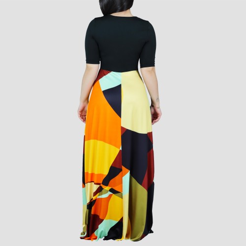Irregular Printed Contrast Round Neck Maxi Casual Dress - Black image
