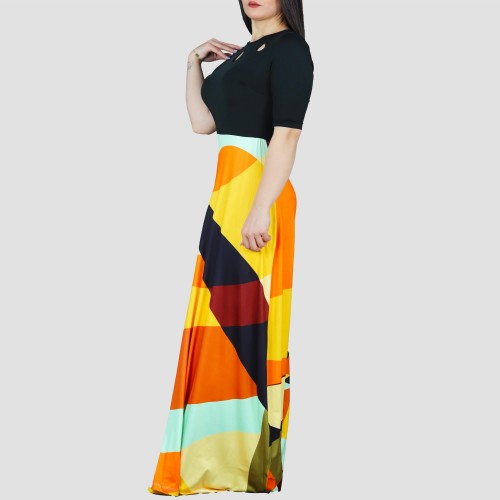 Irregular Printed Contrast Round Neck Maxi Casual Dress - Black image