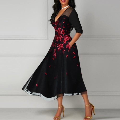 Hot V Neck Mesh Panel Embroidery Midi Skirt Dress - Black image