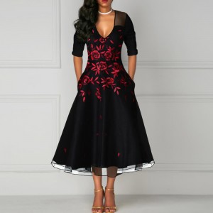 Hot V Neck Mesh Panel Embroidery Midi Skirt Dress - Black