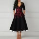 Hot V Neck Mesh Panel Embroidery Midi Skirt Dress - Black image