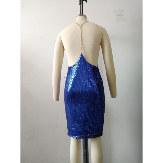 Trending Hot V Neck Slim Fitted Sequined Party Dress - Blue image