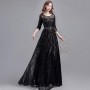 Evening Long Skirt Banquet Sequined Quarter Sleeves Party Dress - Black