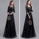 Evening Long Skirt Banquet Sequined Quarter Sleeves Party Dress - Black | image