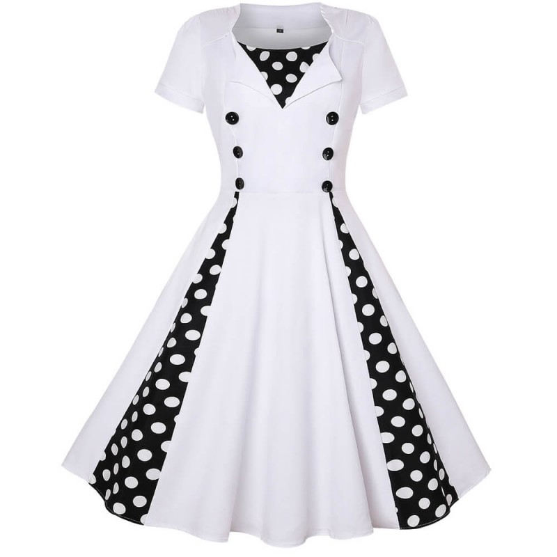 Elegant Polka Dot Stitched A-line Midi Skirt Fashion Dress - White | image