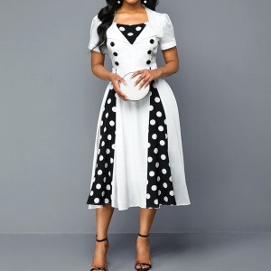 Elegant Polka Dot Stitched A-line Midi Skirt Fashion Dress - White