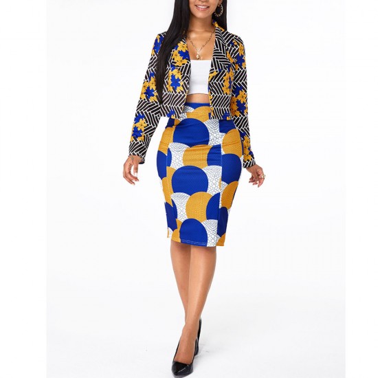 Modish Floral Print Full-sleeve Two Piece Formal Dress - Blue image