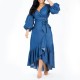 Hot Denim V-neck Lantern Sleeves Ruffled Maxi Dress - Blue image