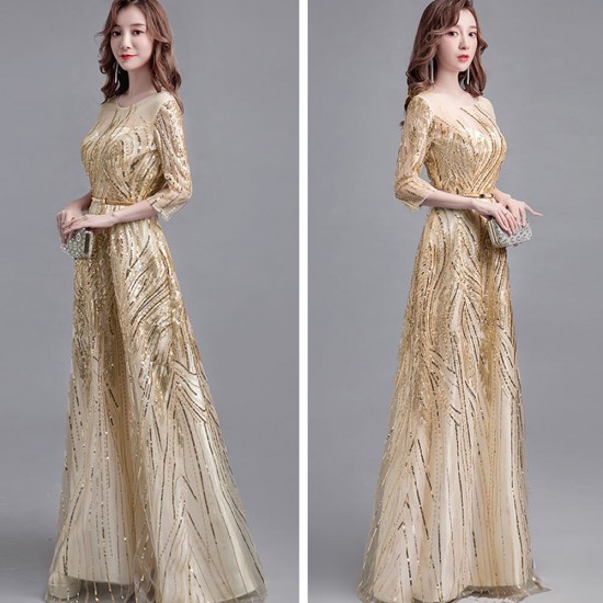 Evening Long Skirt Banquet Sequined Quarter Sleeves Party Dress - Cream image