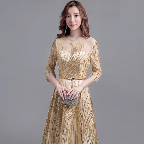 Evening Long Skirt Banquet Sequined Quarter Sleeves Party Dress - Cream image