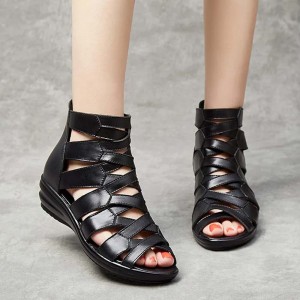 Comfortable Leather Fish-mouth Wedge Sandals Shoes - Black
