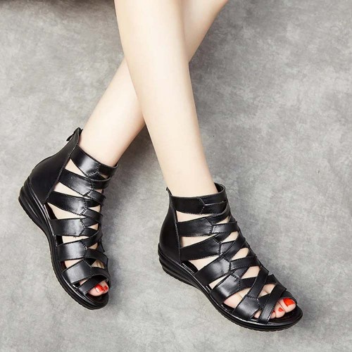 Comfortable Leather Fish-mouth Wedge Sandals Shoes - Black| image