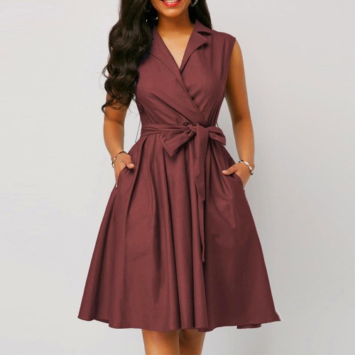 Bow Knot Sleeveless High Waist Mid-skirt Dress - Brown image