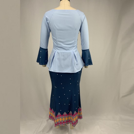 Fishtail High Waist Stitching Full-Sleeve Maxi Dress- Blue image