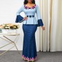 Fishtail High Waist Stitching Full-Sleeve Maxi Dress- Blue