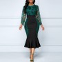 Hollow Stitched Lace Ruffled High Waist Party Dress - Green