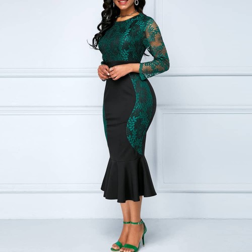 Hollow Stitched Lace Ruffled High Waist Party Dress - Green image