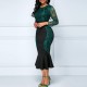 Hollow Stitched Lace Ruffled High Waist Party Dress - Green image
