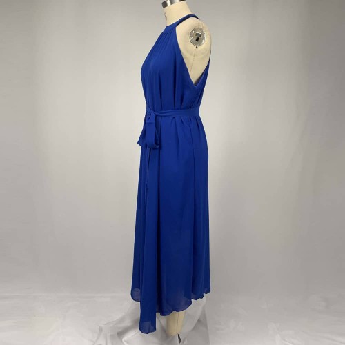Chiffon Pleated Halter Neck Sleeveless Maxi Dress - Blue image