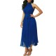 Chiffon Pleated Halter Neck Sleeveless Maxi Dress - Blue image