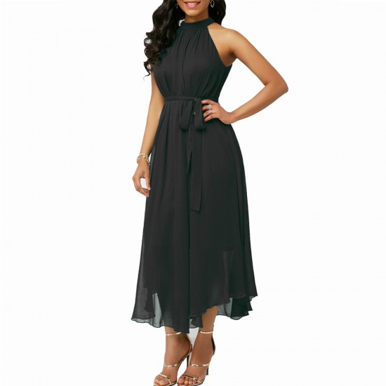 Chiffon Pleated Halter Neck Sleeveless Maxi Dress - Black image